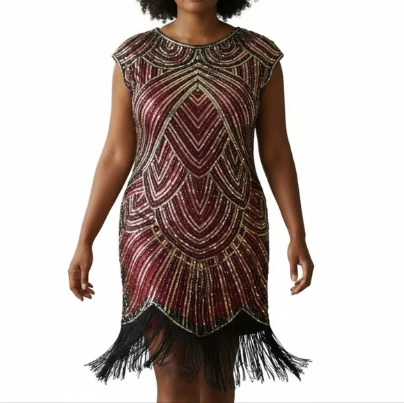 Fundaisy Dress Plus Size 3XL Red Black Mesh Gold Sequins Fringe Gatsby Flapper - Picture 11 of 11